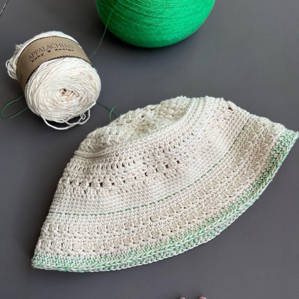 Handmade Crochet Bucket Hat Organic Cotton Cream and Green